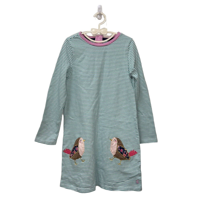 LS Dress - Bird Appliques, Striped