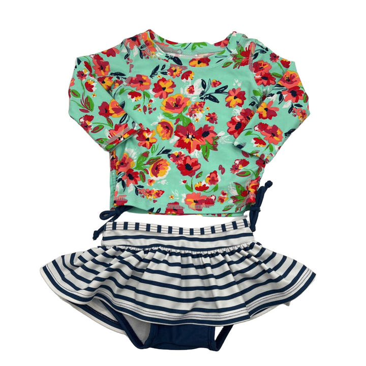 LS Two Pc Bathing Suit / Flowers + Stripes