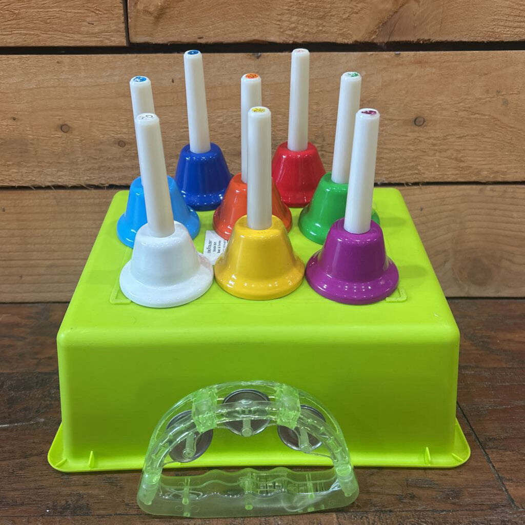 Eight Metal Hand Bells & Tambourine