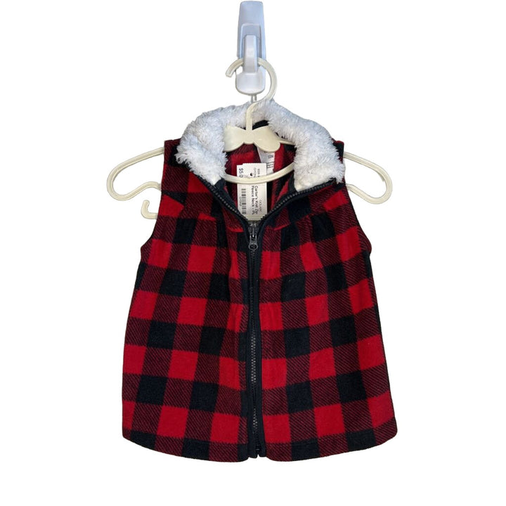 Knit Zip-up Vest w/Fleece Neck - Plaid