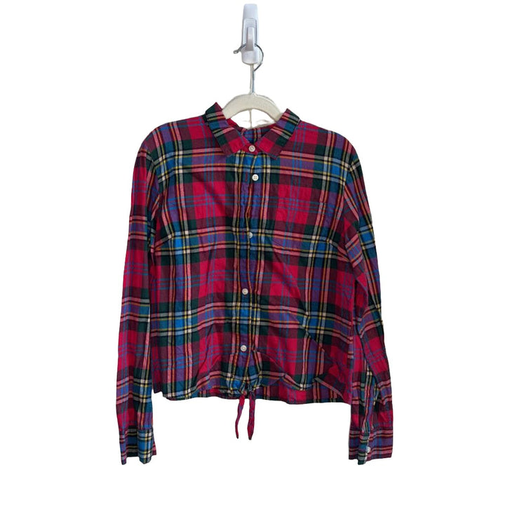 LS Button-up Plaid Blouse - Tie Bottom