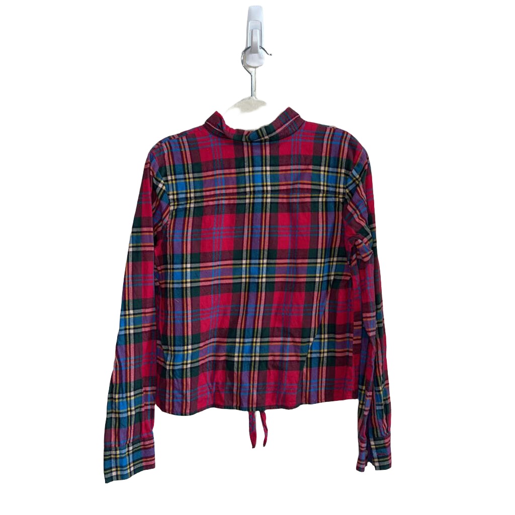 LS Button-up Plaid Blouse - Tie Bottom